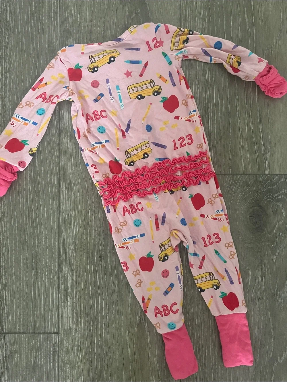 RuffleButts Pink School convertible ruffle one-piece pajama size 0-3 months